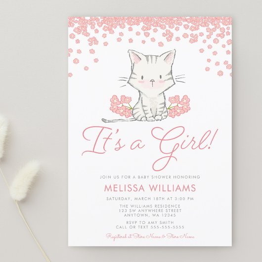 Invitation Fleurs roses Kitten Baby shower fille