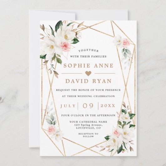 Invitation Fleurs Roses Magnolia Blanches Tout En Un Mariage (Devant)