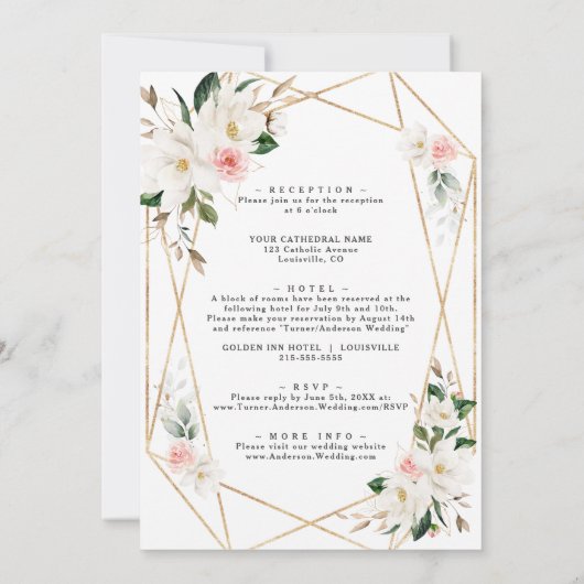 Invitation Fleurs Roses Magnolia Blanches Tout En Un Mariage (Dos)
