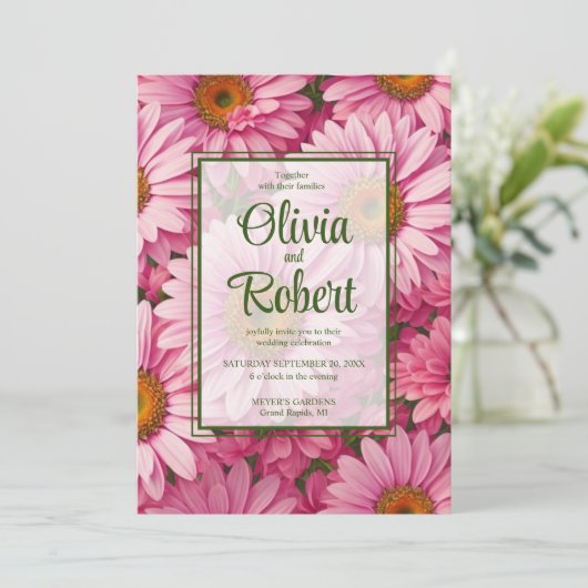 Invitation Fleurs roses marguerites rétro Mariage (Debout devant)