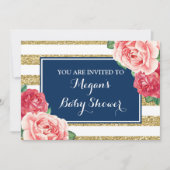 Invitation Fleurs roses Marine Bleu Bleu Baby shower à rayure (Devant)