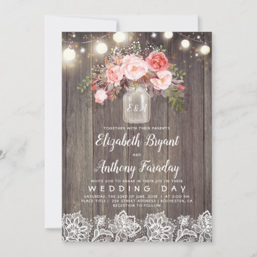 Invitation Fleurs roses Mason Jar Mariage de dentelle rustiqu (Devant)