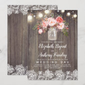 Invitation Fleurs roses Mason Jar Mariage de dentelle rustiqu (Devant / Derrière)