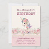 Invitation Fleurs roses mignonnes Fille Unicorne Anniversaire (Devant)