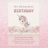 Invitation Fleurs roses mignonnes Fille Unicorne Anniversaire