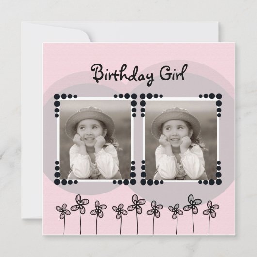 Invitation Fleurs roses mignonnes Photo Fille Anniversaire (Devant)