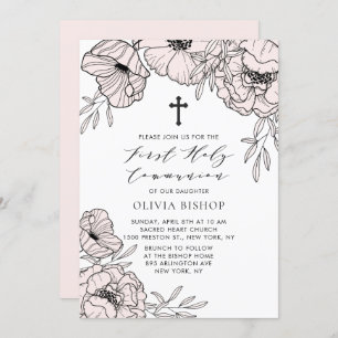 Invitation Fleurs roses modernes et bleues Première communion