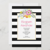 Invitation Fleurs roses, noir blanc rayures mariage florales (Devant)