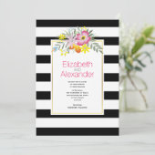 Invitation Fleurs roses, noir blanc rayures mariage florales (Debout devant)