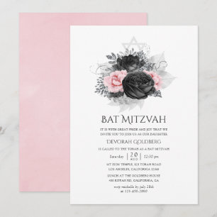Invitation Fleurs roses noires et argentées vintage Bat Mitzv
