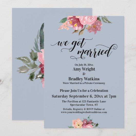 Invitation Fleurs roses Nous nous sommes mariés Script Bleu p (Devant / Derrière)