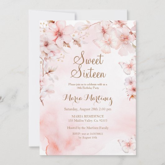 Invitation Fleurs roses Or Avec Parties scintillant Or Douce (Devant)