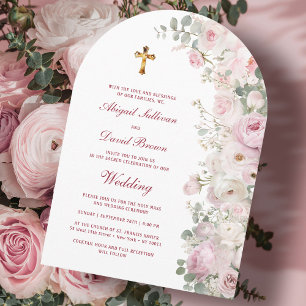 Invitation Fleurs Roses Pâles Arc Mariage Religieux