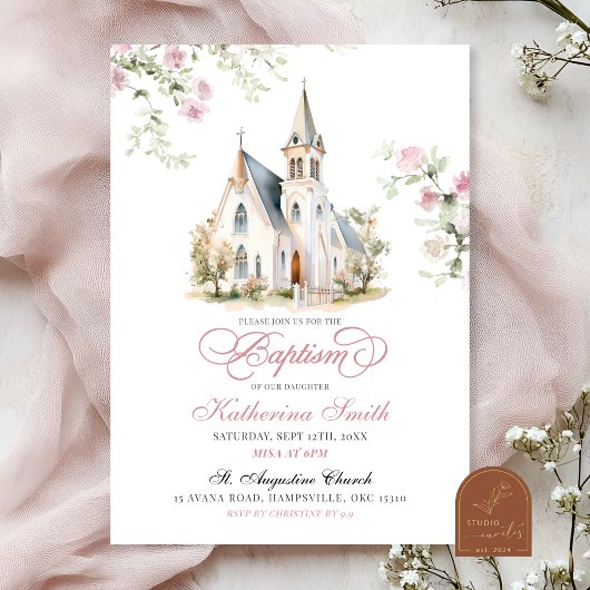 Invitation Fleurs roses pâles Baptême classique de l'église