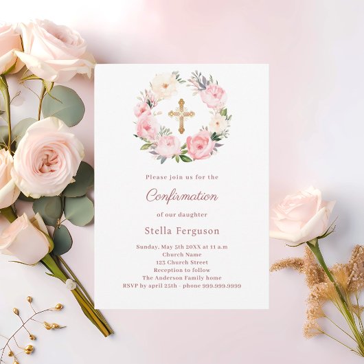 Invitation Fleurs roses pâles croix Confirmation