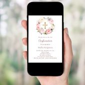Invitation Fleurs roses pâles croix Confirmation