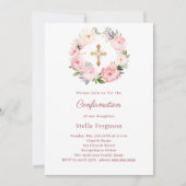 Invitation Fleurs roses pâles croix Confirmation (Devant)