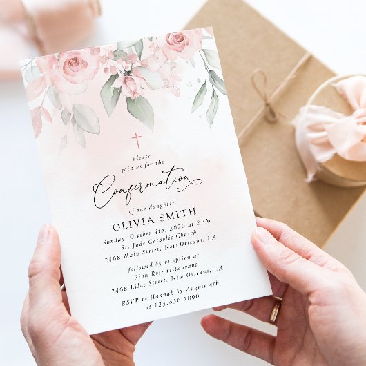 Invitation Fleurs roses pâles, verdure, confirmation florale