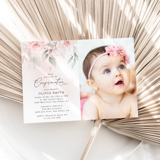 Invitation Fleurs roses pâles, verdure, confirmation florale