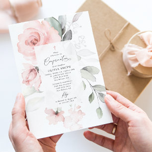 Invitation Fleurs roses pâles, verdure, confirmation florale