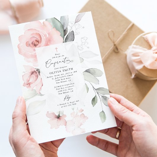 Invitation Fleurs roses pâles, verdure, confirmation florale