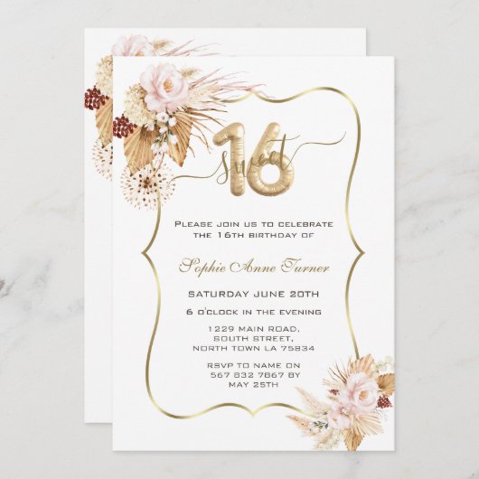 Invitation Fleurs roses Pampas Grass Sweet 16 Célébration (Devant / Derrière)