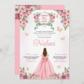 Invitation Fleurs roses Papillon Or rose Floral Quinceanera (Devant / Derrière)