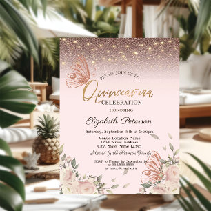 Invitation Fleurs roses Papillons pailletés Quinceañera
