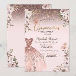 Invitation Fleurs roses papillons pailletés robe Quinceañera
