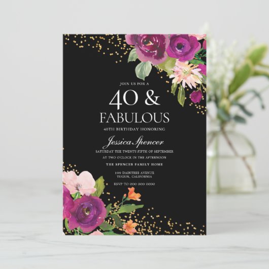 Invitation Fleurs roses Parties scintillant Black 40th Birthd (Debout devant)