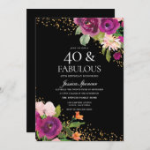 Invitation Fleurs roses Parties scintillant Black 40th Birthd (Devant / Derrière)