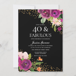 Invitation Fleurs roses Parties scintillant Black 40th Birthd