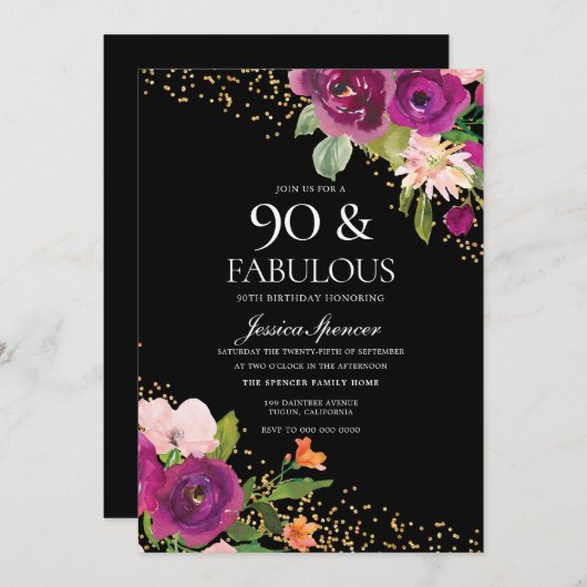 Invitation Fleurs roses Parties scintillant Black 90th Birthd (Devant / Derrière)