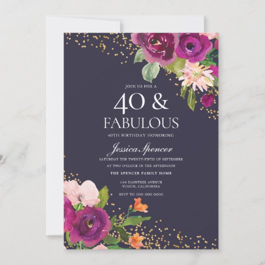 Invitation Fleurs roses Parties scintillant violet 40e annive (Devant)