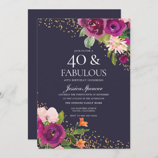 Invitation Fleurs roses Parties scintillant violet 40e annive (Devant / Derrière)