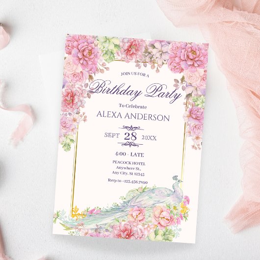 Invitation Fleurs roses Peacock Anniversaire
