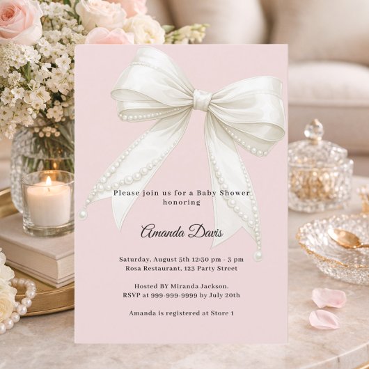 Invitation Fleurs roses perles d'ivoire fille Baby Shower