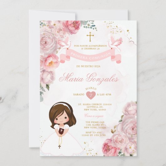 Invitation Fleurs roses Petite Fille Bible Primera Comunión (Devant)