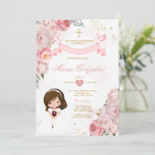 Invitation Fleurs roses Petite Fille Bible Primera Comunión (Debout devant)