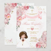 Invitation Fleurs roses Petite Fille Bible Primera Comunión (Devant / Derrière)