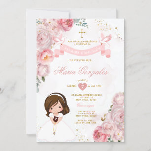 Invitation Fleurs roses Petite Fille Bible Primera Comunión