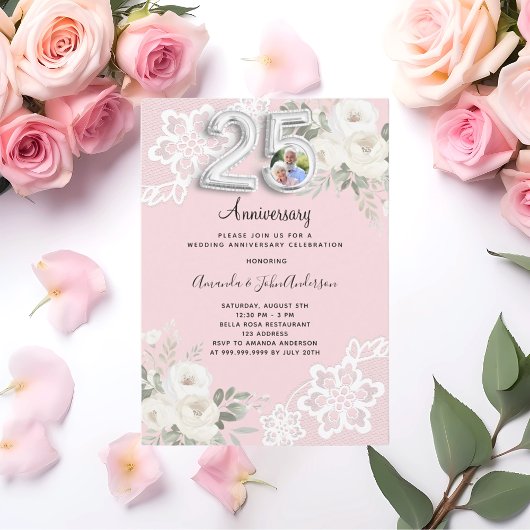 Invitation Fleurs roses photo 25e anniversaire de mariage
