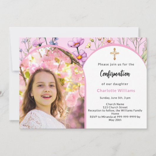 Invitation Fleurs roses photo arc fille Confirmation (Devant)