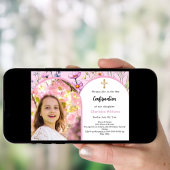 Invitation Fleurs roses photo arc fille Confirmation