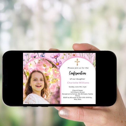 Invitation Fleurs roses photo arc fille Confirmation