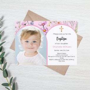 Invitation Fleurs roses photo arc fille croiser Baptême