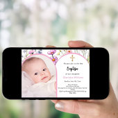 Invitation Fleurs roses photo arc fille croiser Baptême