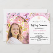 Invitation Fleurs roses photo arc fille Première communion sa (Devant)