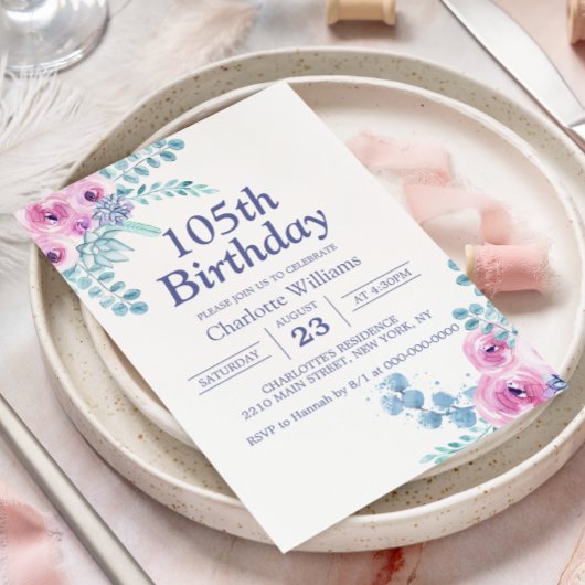 Invitation Fleurs roses pour 105e anniversaire
