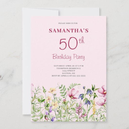 Invitation Fleurs roses pour 50e anniversaire (Devant)
